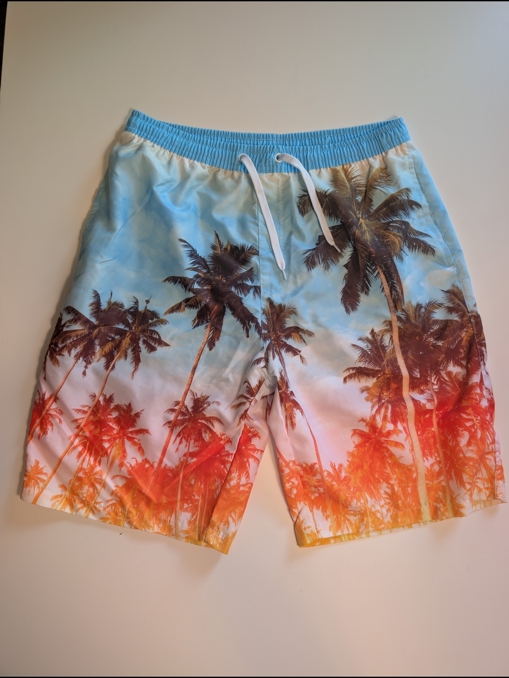 Tropical Palm Tree Sunset Print Swim Trunks Men's XL Coastal Beach Shorts